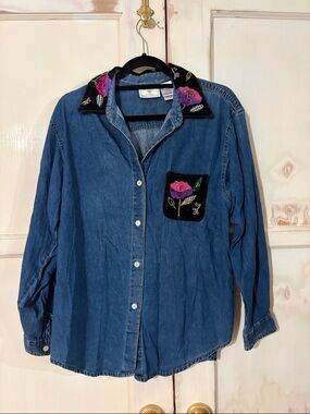 Susan Bristol Denim Button-Down Shirt with Black Floral Collar & Pocket